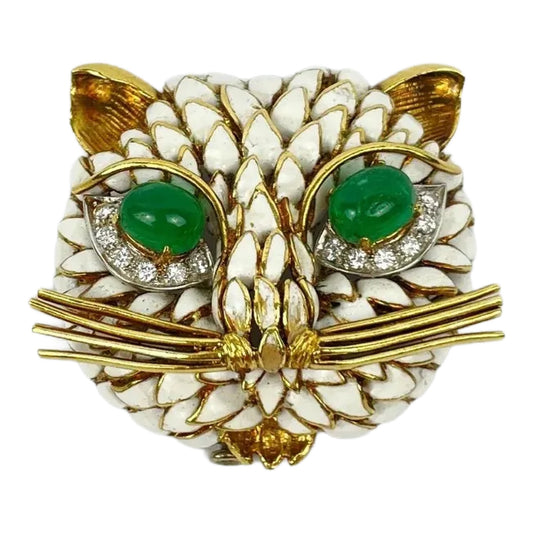 Vintage 18k Gold Emerald Diamond Ename Cat Brooch Pin