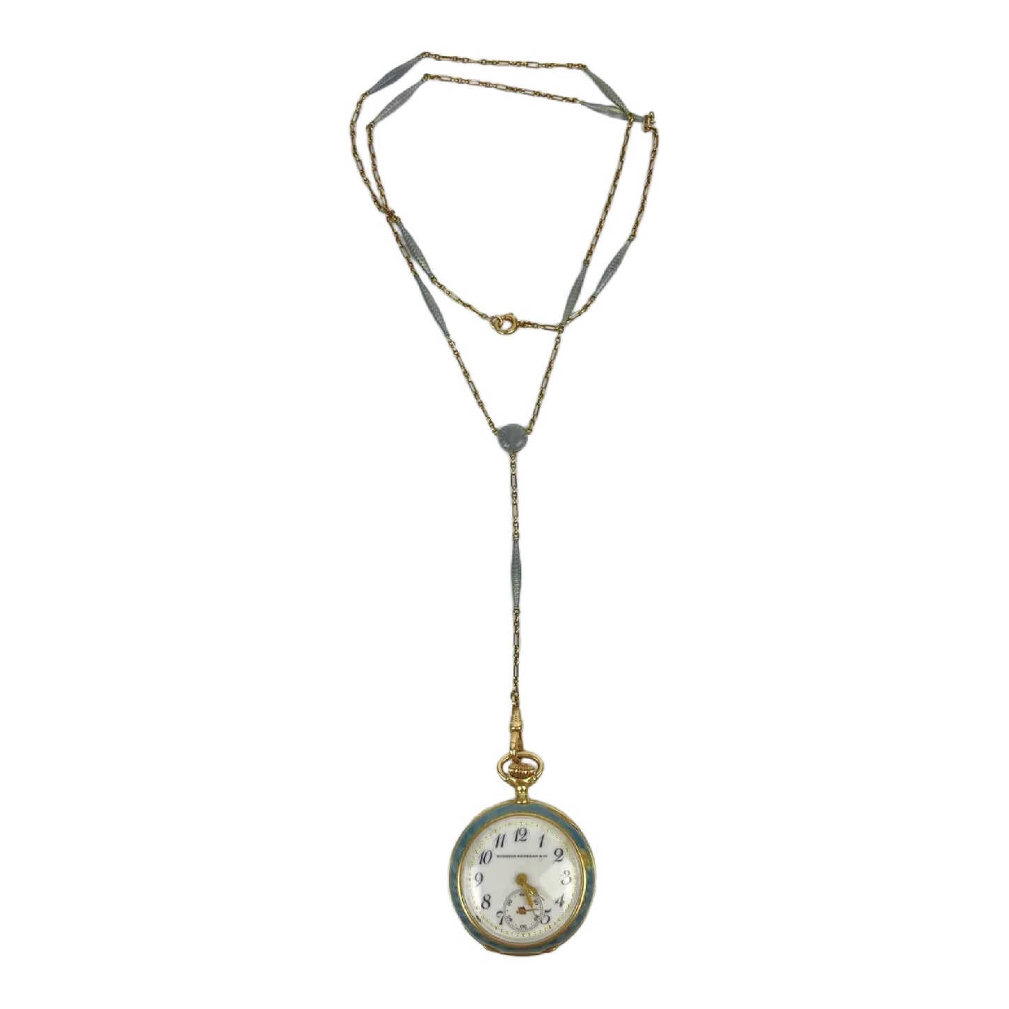 Edwardian 18k Gold Guilloche Enamel Pocket Watch Necklace