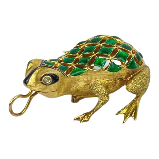 14k Gold Enamel Frog Pendant Brooch