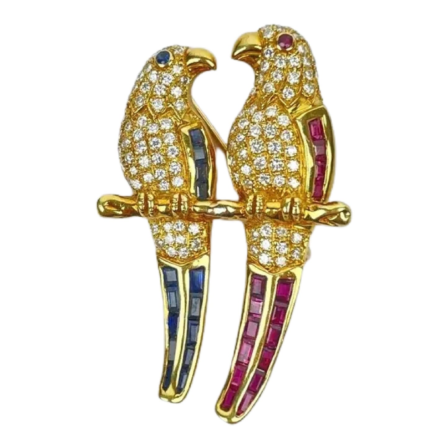 Vintage 18k Gold Diamond Ruby Sapphire Bird Brooch