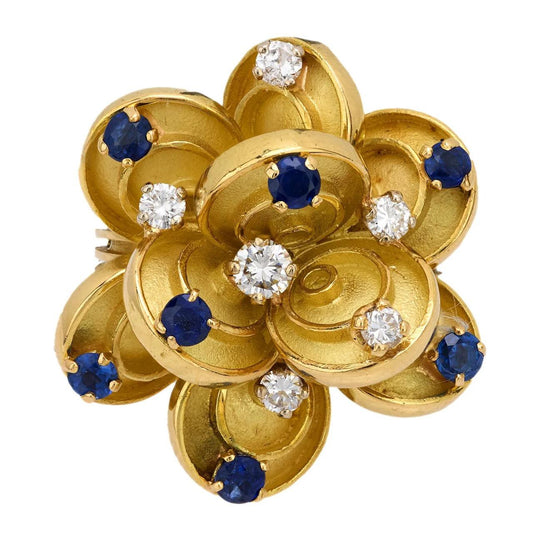 Vintage Boucheron Paris 18K Gold Diamonds Sapphire Flower Ring