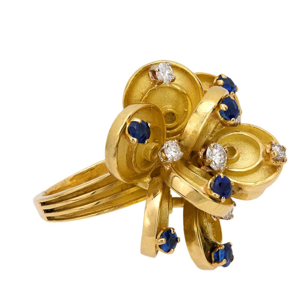 Vintage Boucheron Paris 18K Gold Diamonds Sapphire Flower Ring
