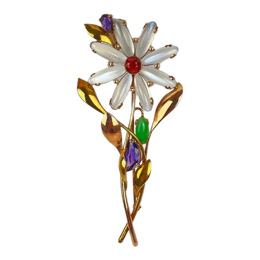 Retro 14k Gold Moonstone Jade Amethyst Flower Brooch Pin