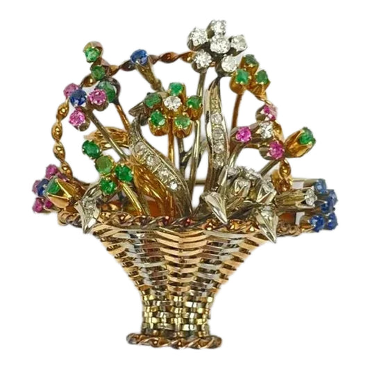 Vintage 18k Gold Diamond Sapphire Emerald Flower Basket Brooch