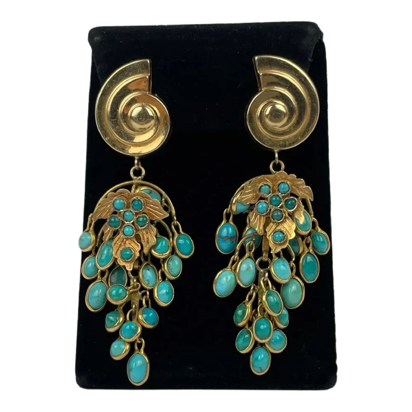 Antique French Pair of 18k Gold Turquoise Bead Chandelier Earrings