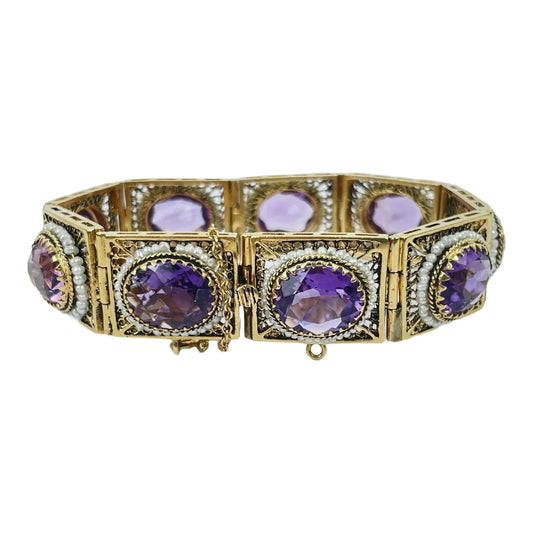 Vintage 14k Gold Seed Pearl Amethyst Bracelet