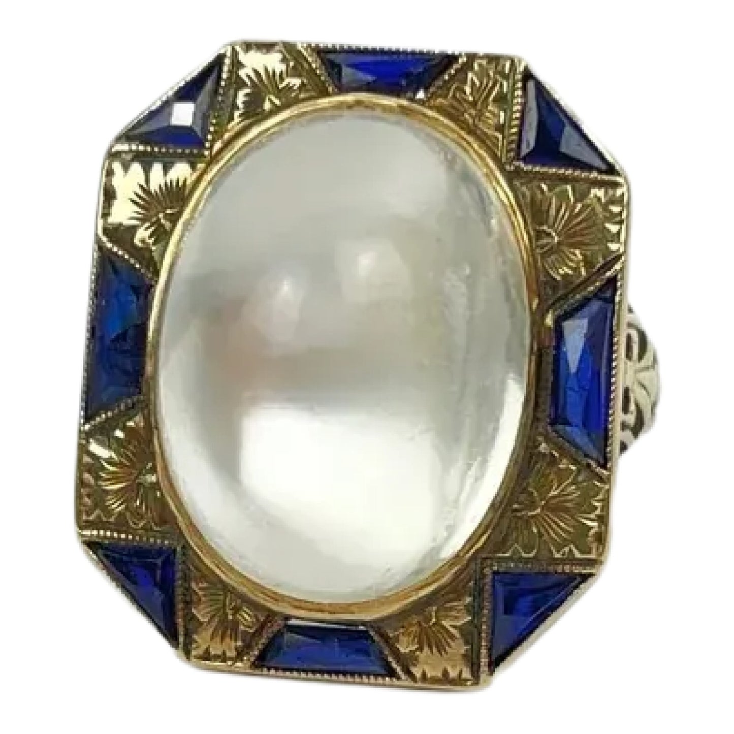 Art Deco 14k Gold Moonstone Cabochon Sapphire Ring