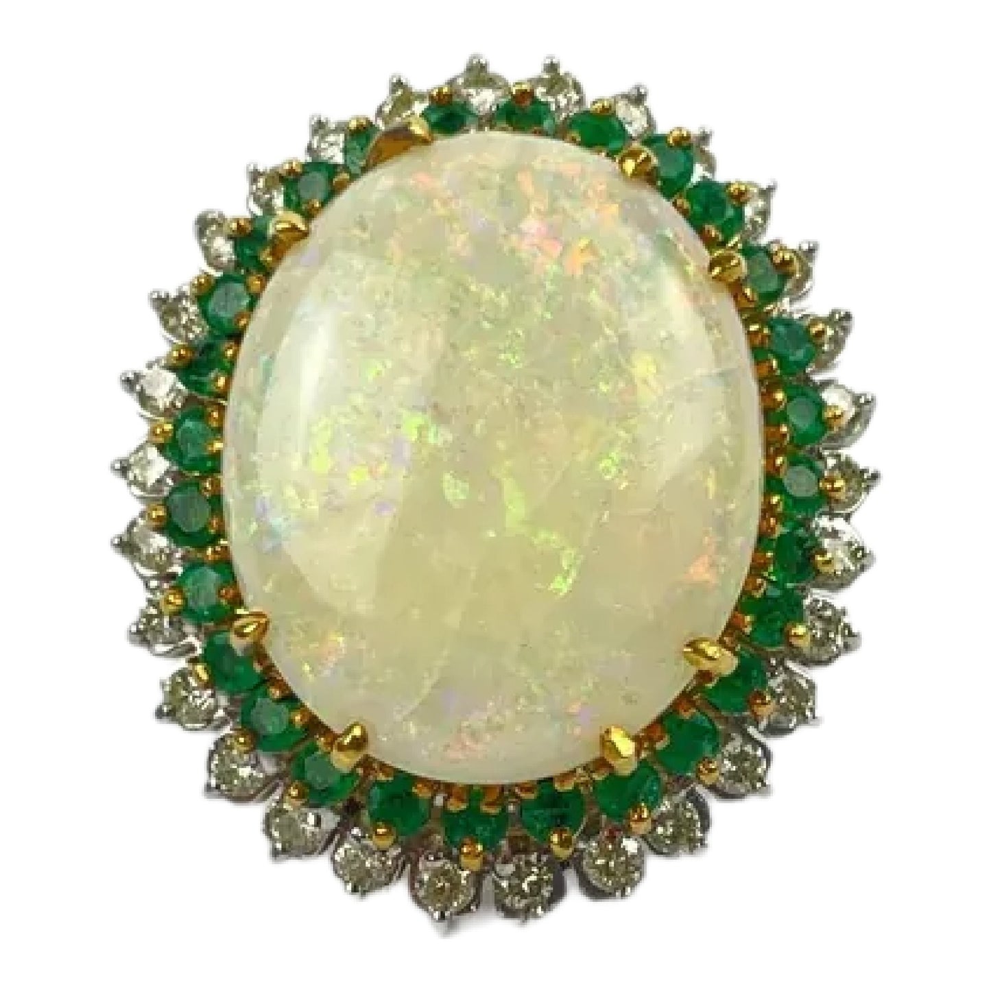 14K Gold Opal Cabochon Diamond Emerald Ring