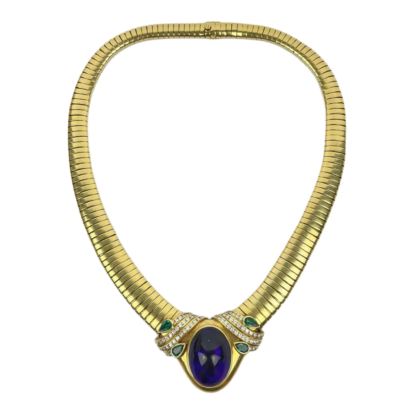 Vintage Gemlok 18k Gold Diamond Emerald Amethyst Cabochon Necklace