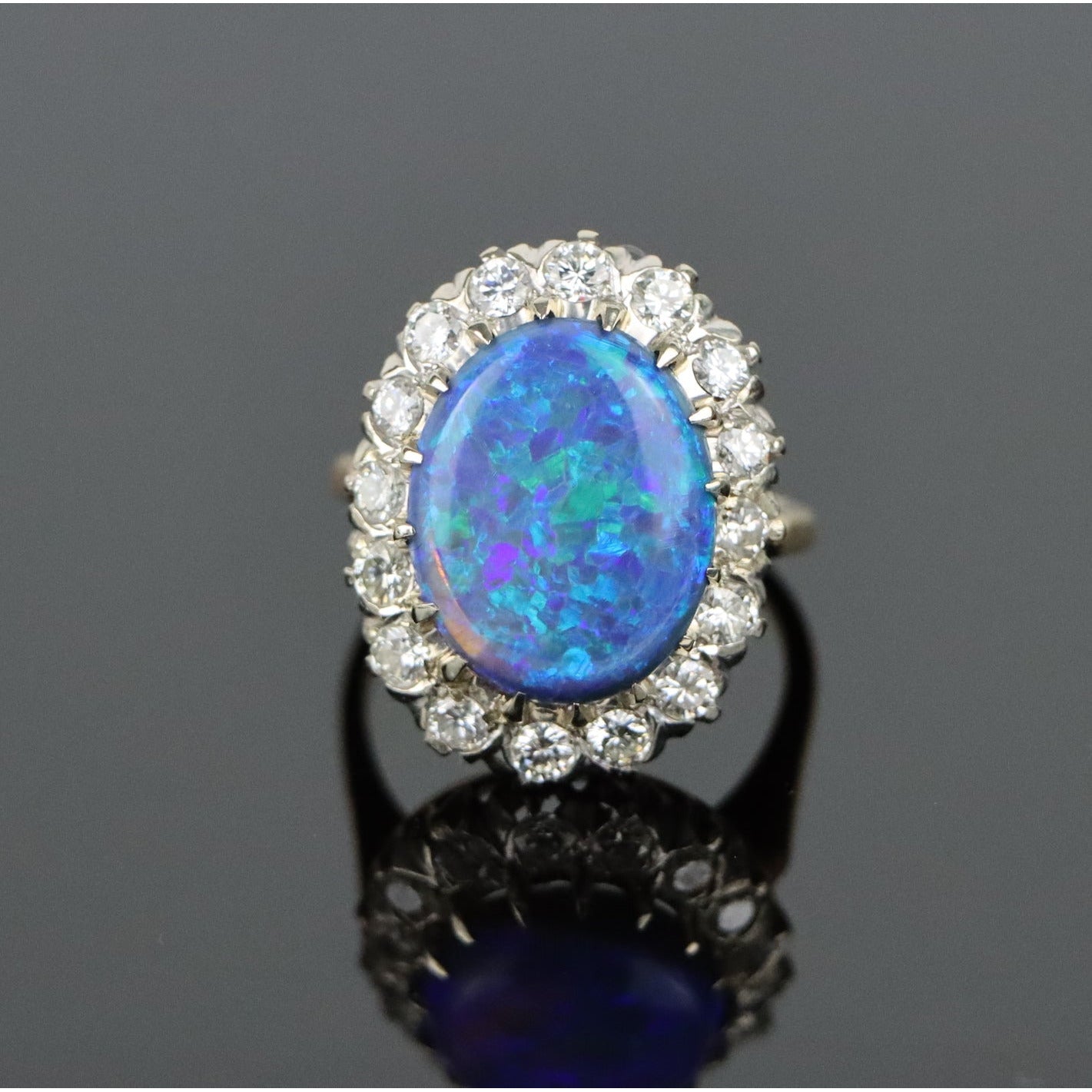 Mid Century 5.88 Carat Black Opal and Diamond Ring