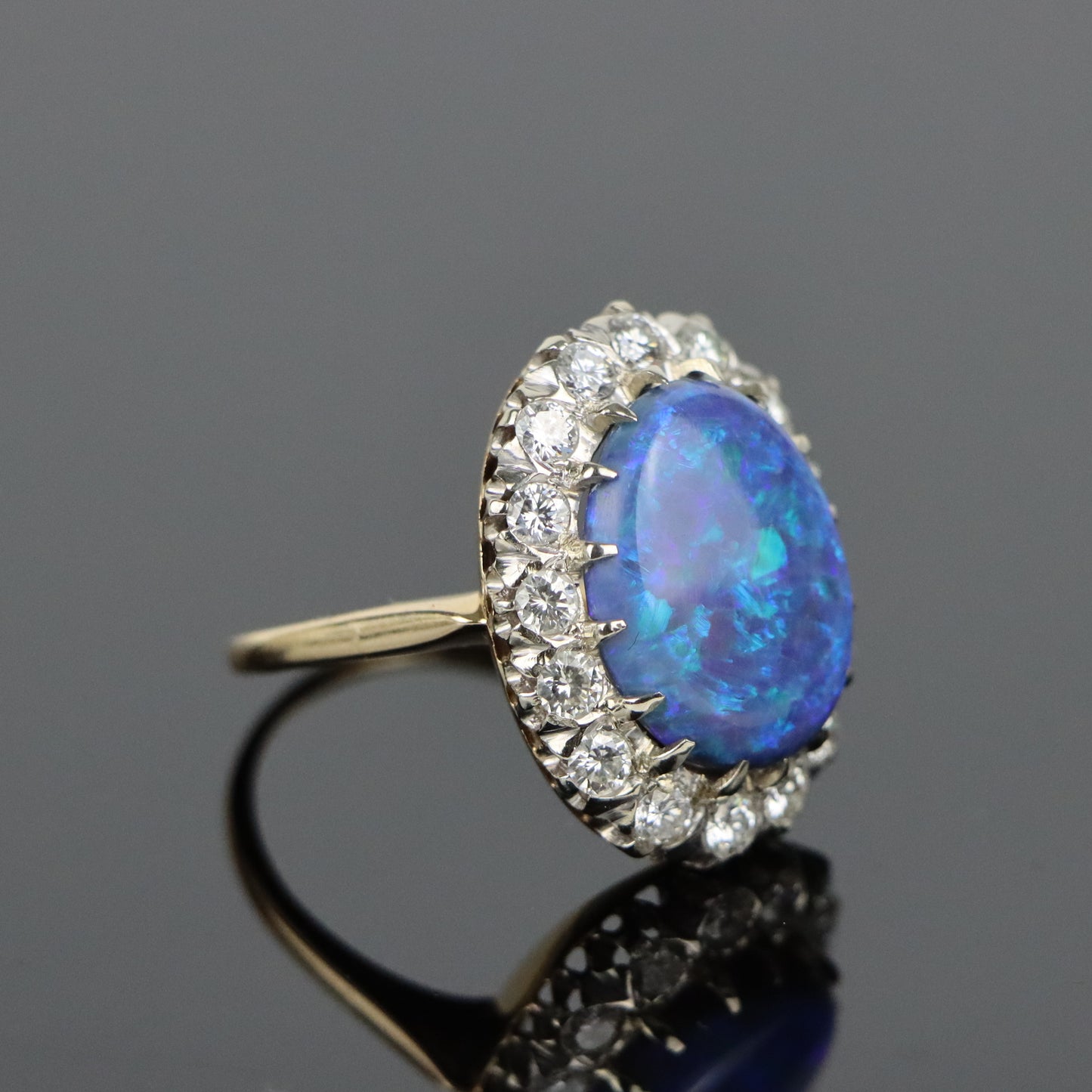 Mid Century 5.88 Carat Black Opal and Diamond Ring