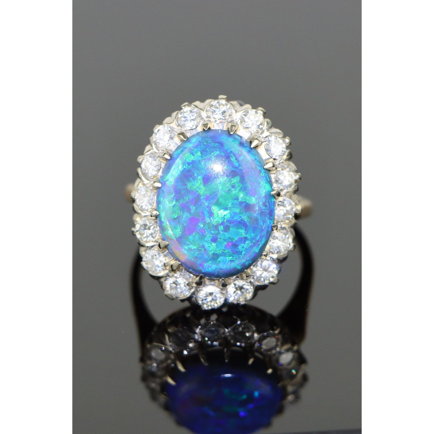 Mid Century 5.88 Carat Black Opal and Diamond Ring