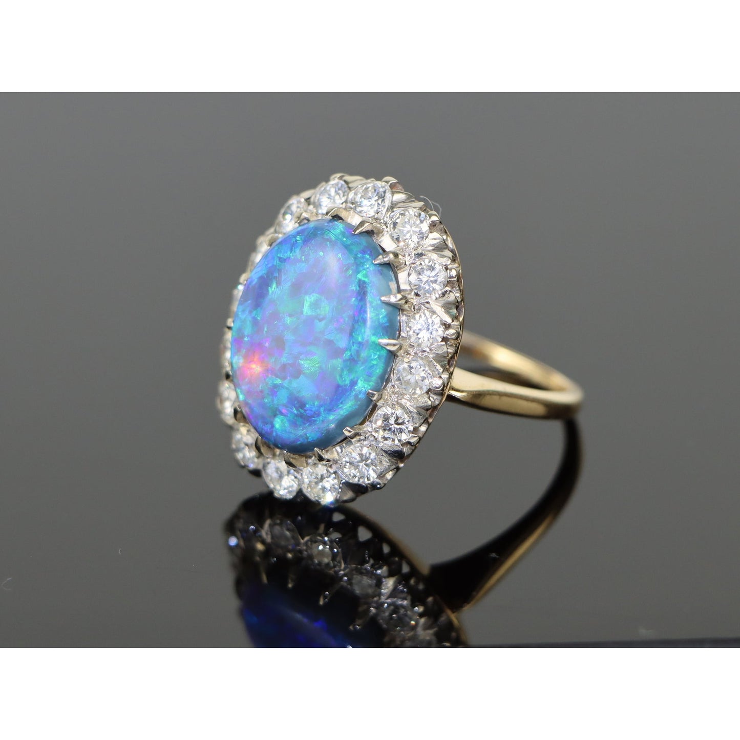 Mid Century 5.88 Carat Black Opal and Diamond Ring