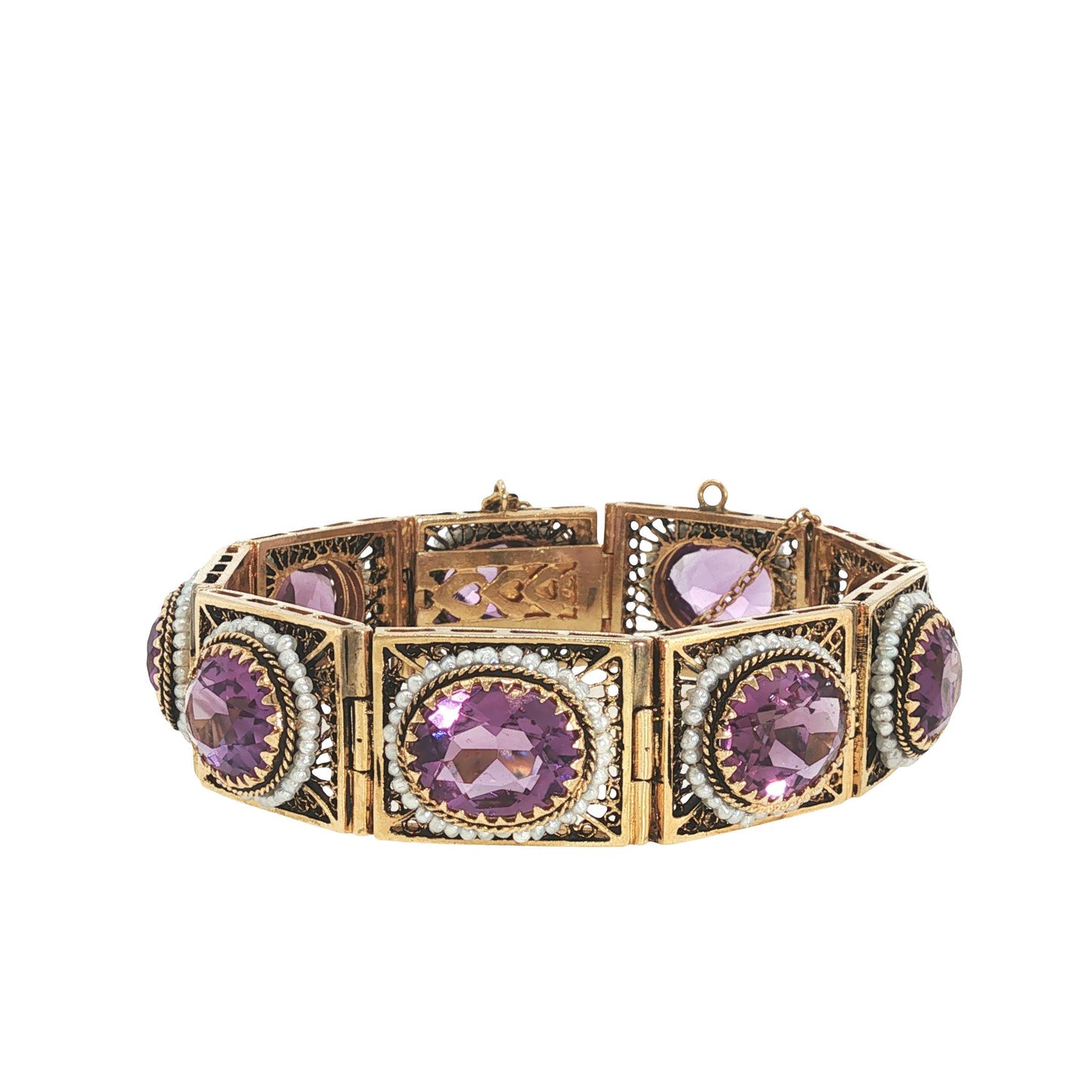 14K Gold Amethyst and Seed Pearl Bracelet
