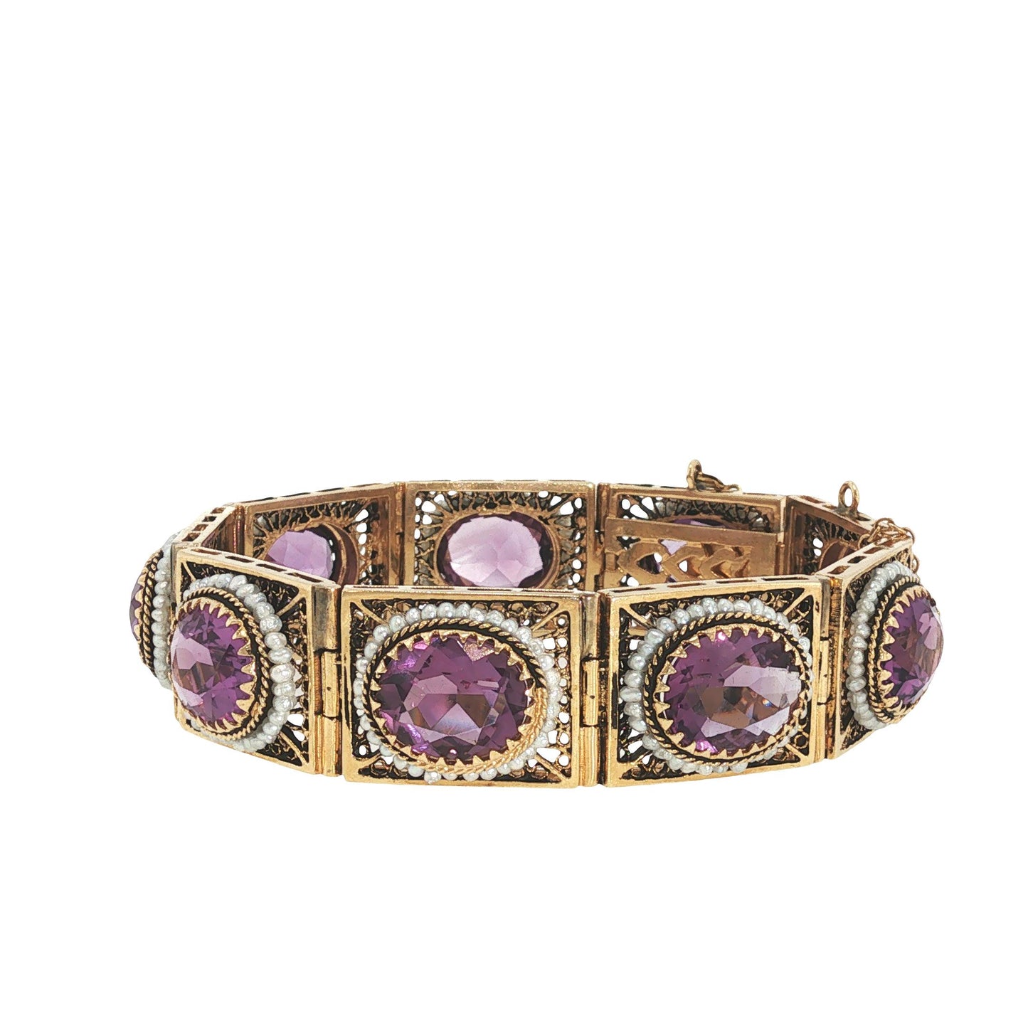 14K Gold Amethyst and Seed Pearl Bracelet