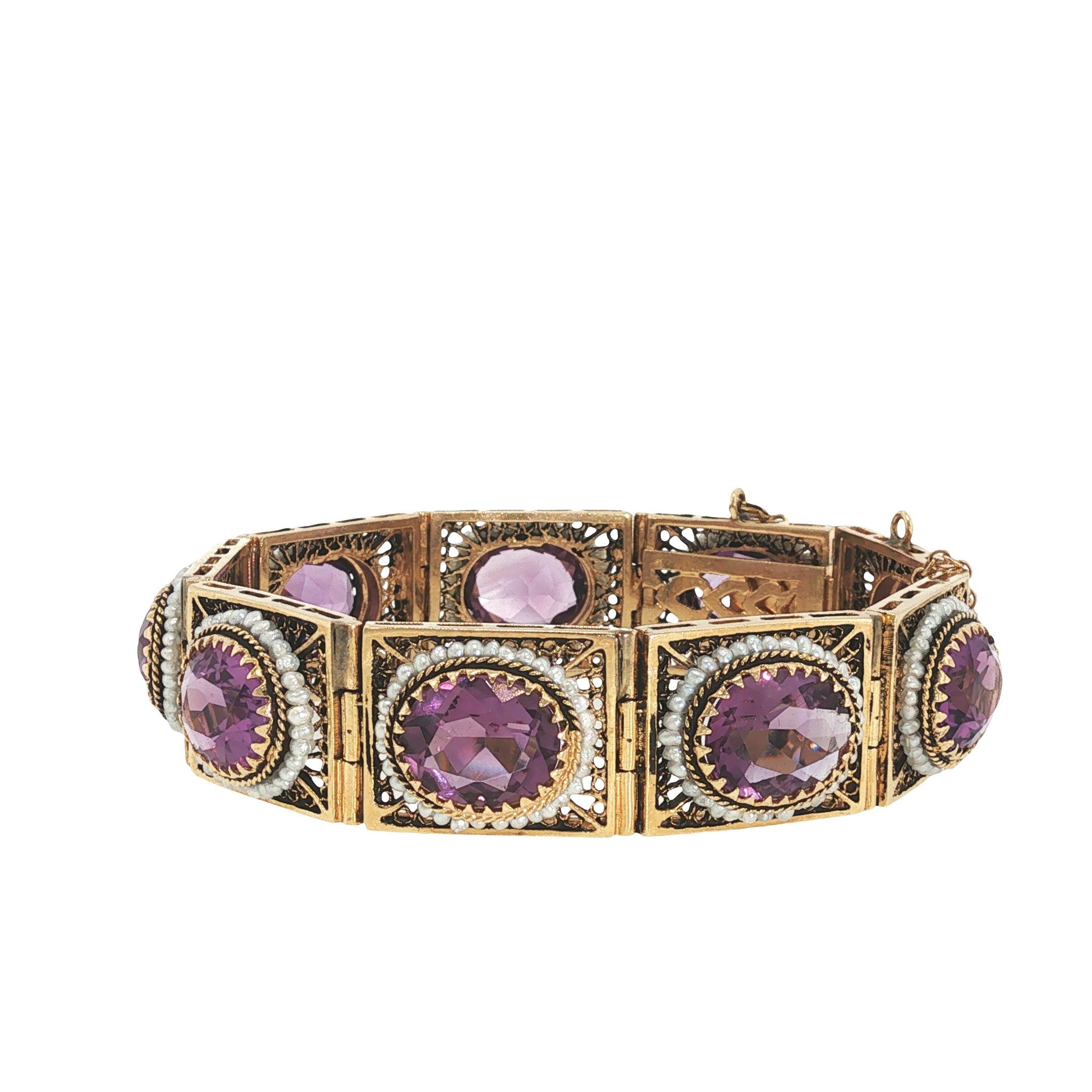 14K Gold Amethyst and Seed Pearl Bracelet