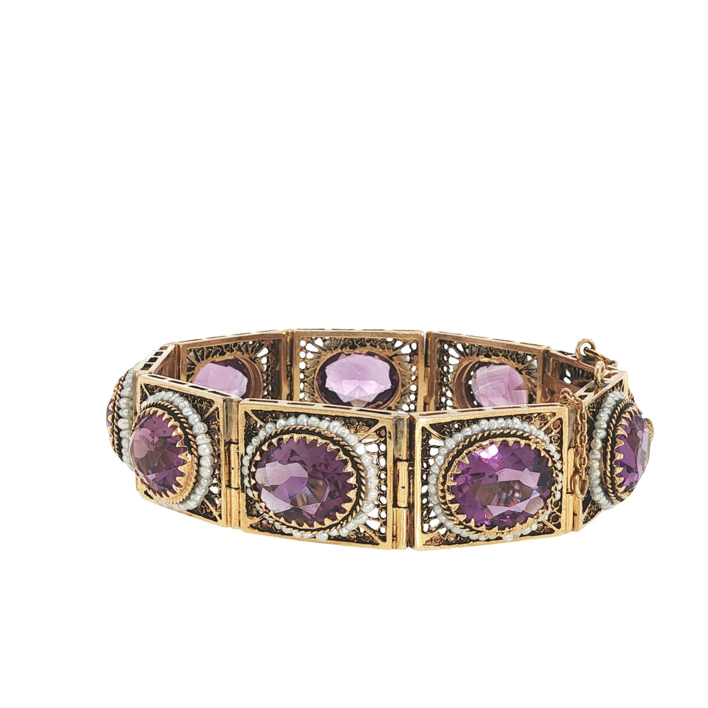 14K Gold Amethyst and Seed Pearl Bracelet