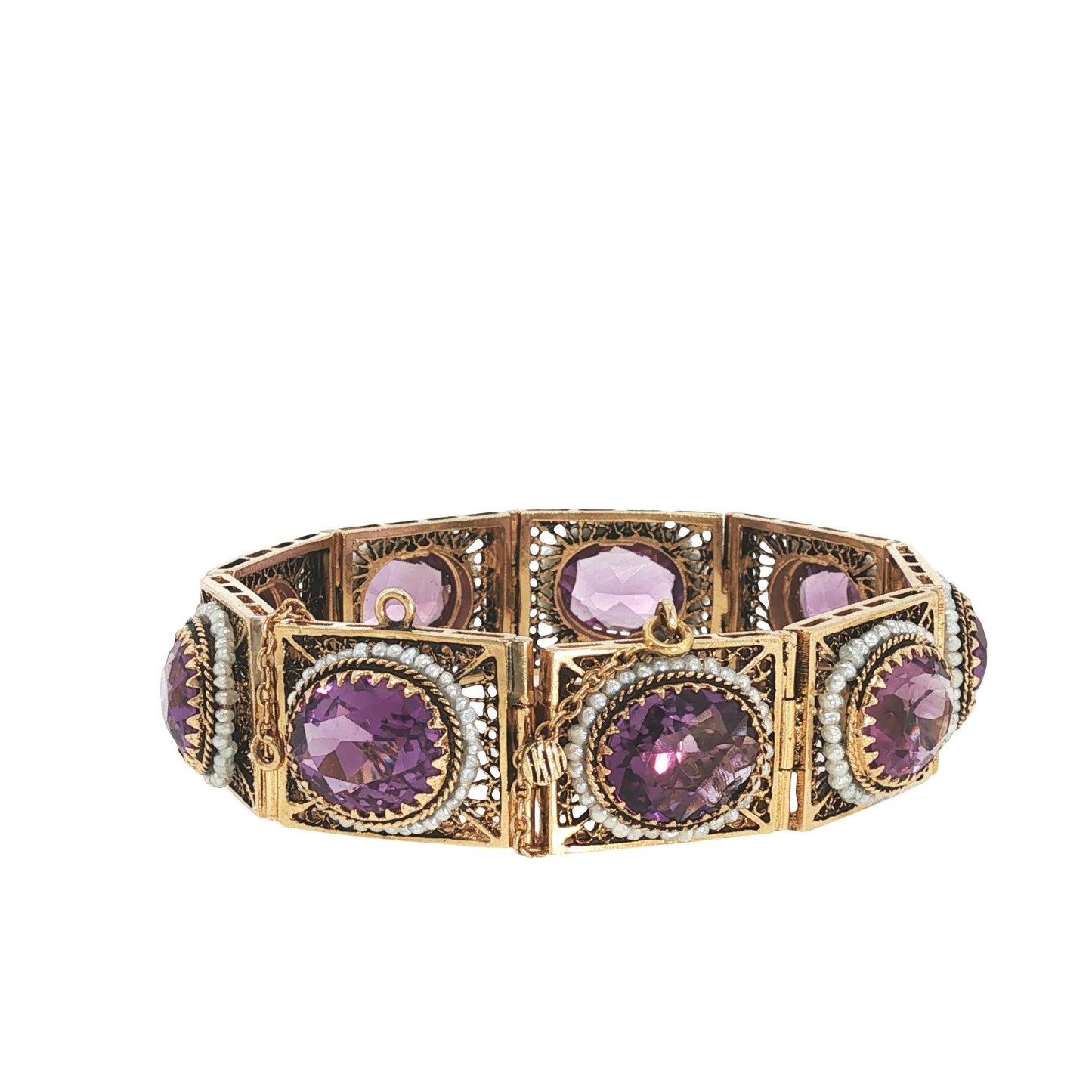 14K Gold Amethyst and Seed Pearl Bracelet
