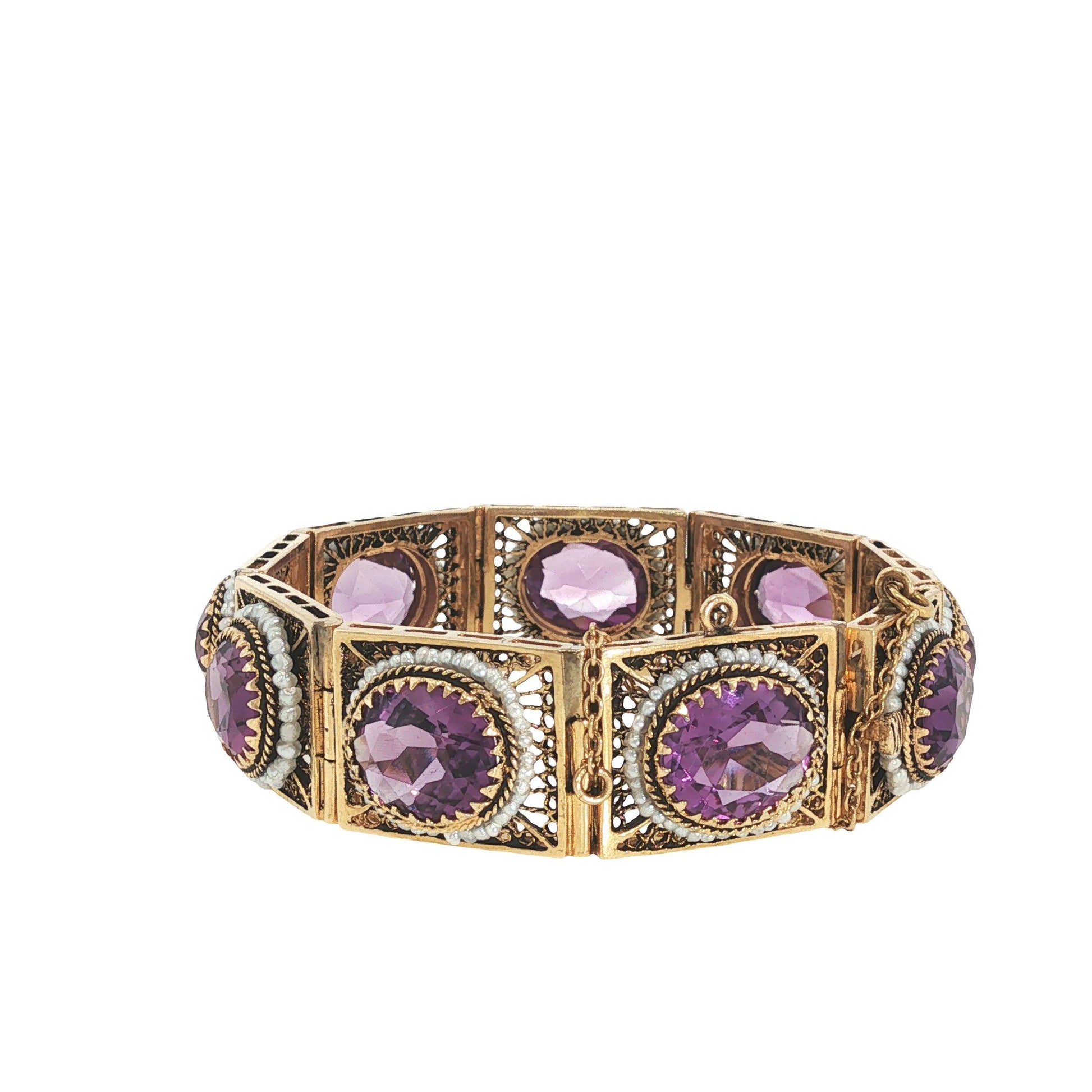 14K Gold Amethyst and Seed Pearl Bracelet