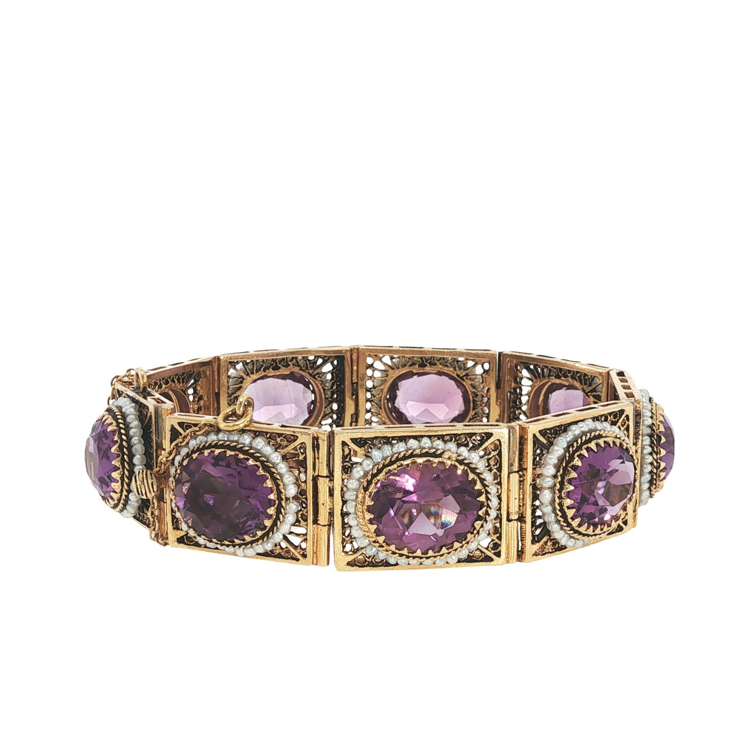 14K Gold Amethyst and Seed Pearl Bracelet