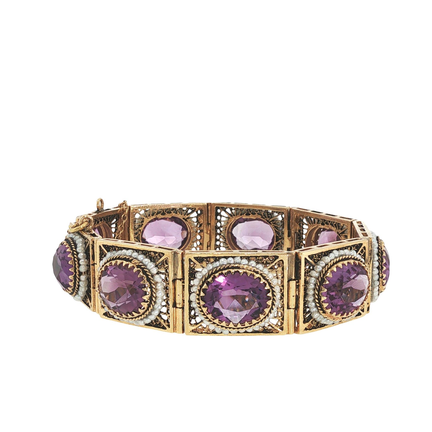 14K Gold Amethyst and Seed Pearl Bracelet