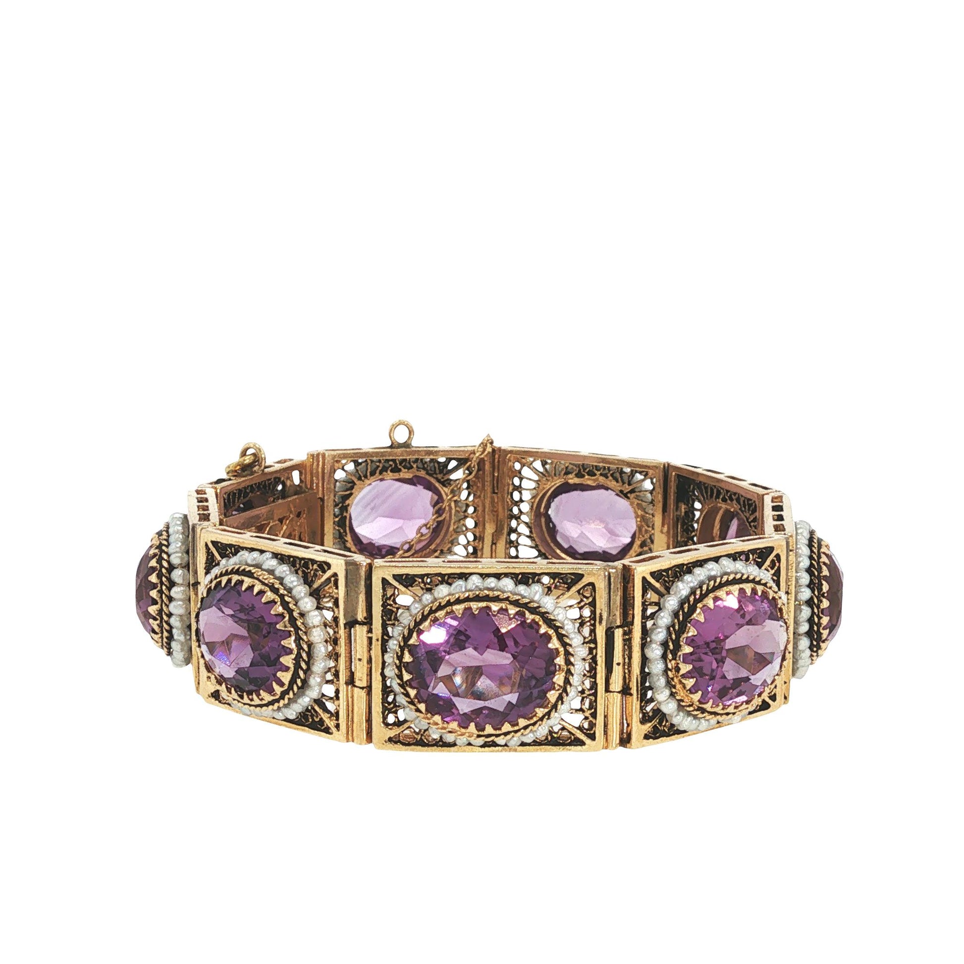 14K Gold Amethyst and Seed Pearl Bracelet