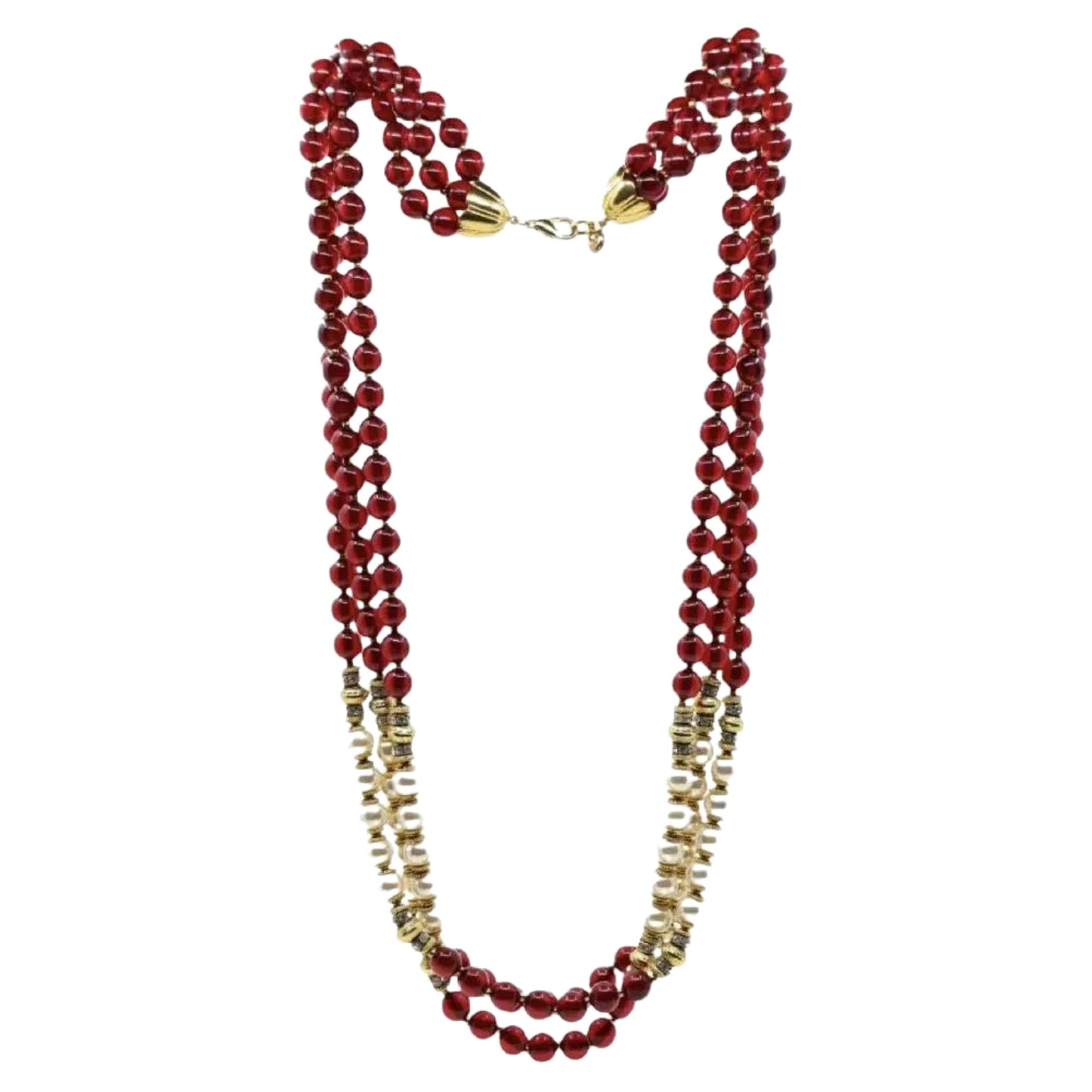 Vintage Signed Italian Designer Ellelle Red Bead Faux Pearl Necklace