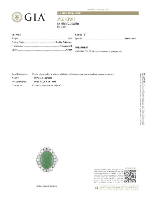 GIA Certified Platinum Jadeite Jade and Diamond Ring