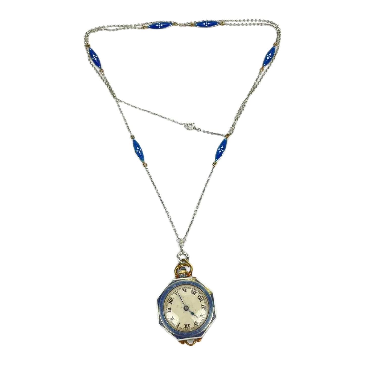 Edwardian 14k Gold Guilloche Enamel Pocket Watch Necklace