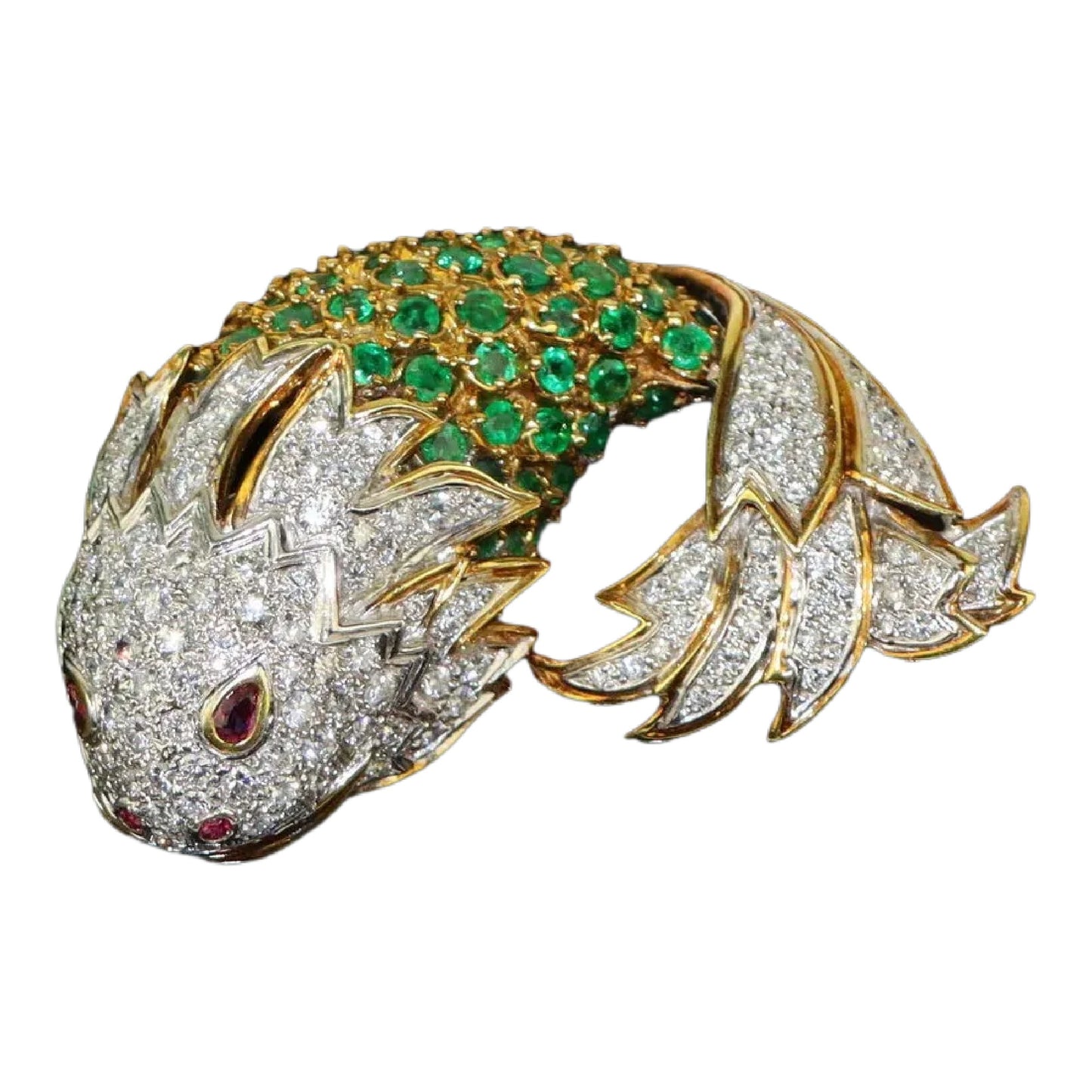 La Triomphe 18K Gold Diamond Emerald Ruby Fish Brooch Pin