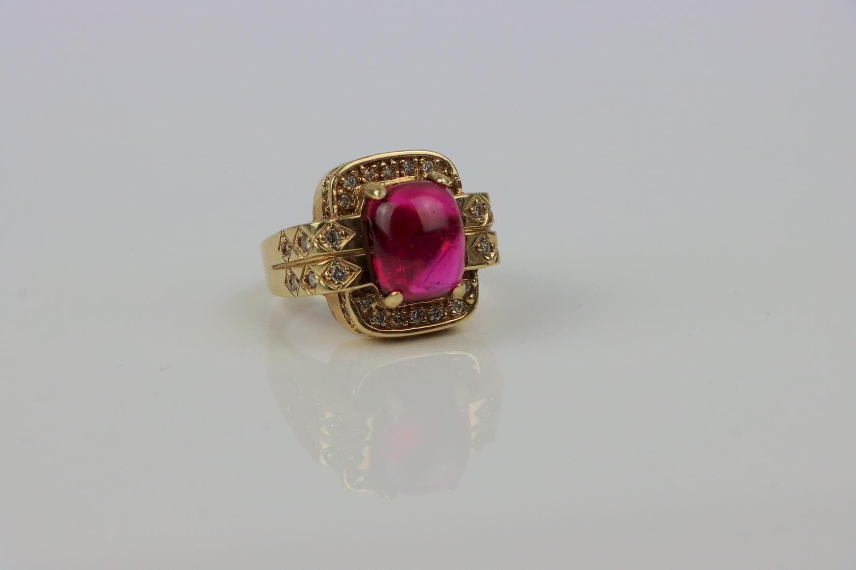 Vintage GIA Certified 14K Gold Rubellite Tourmaline & Diamond Ring