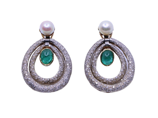 14K Gold Emerald Pearl Diamonds Earring
