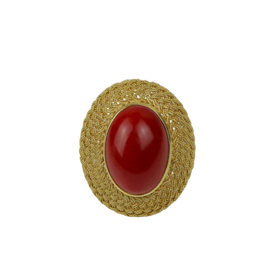 Large Vintage 14K Gold Red Coral Cabochon Ring