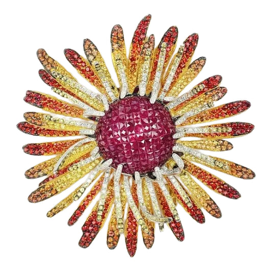 18K Gold SunBurst Ruby Diamond Sapphire Pendant Brooch