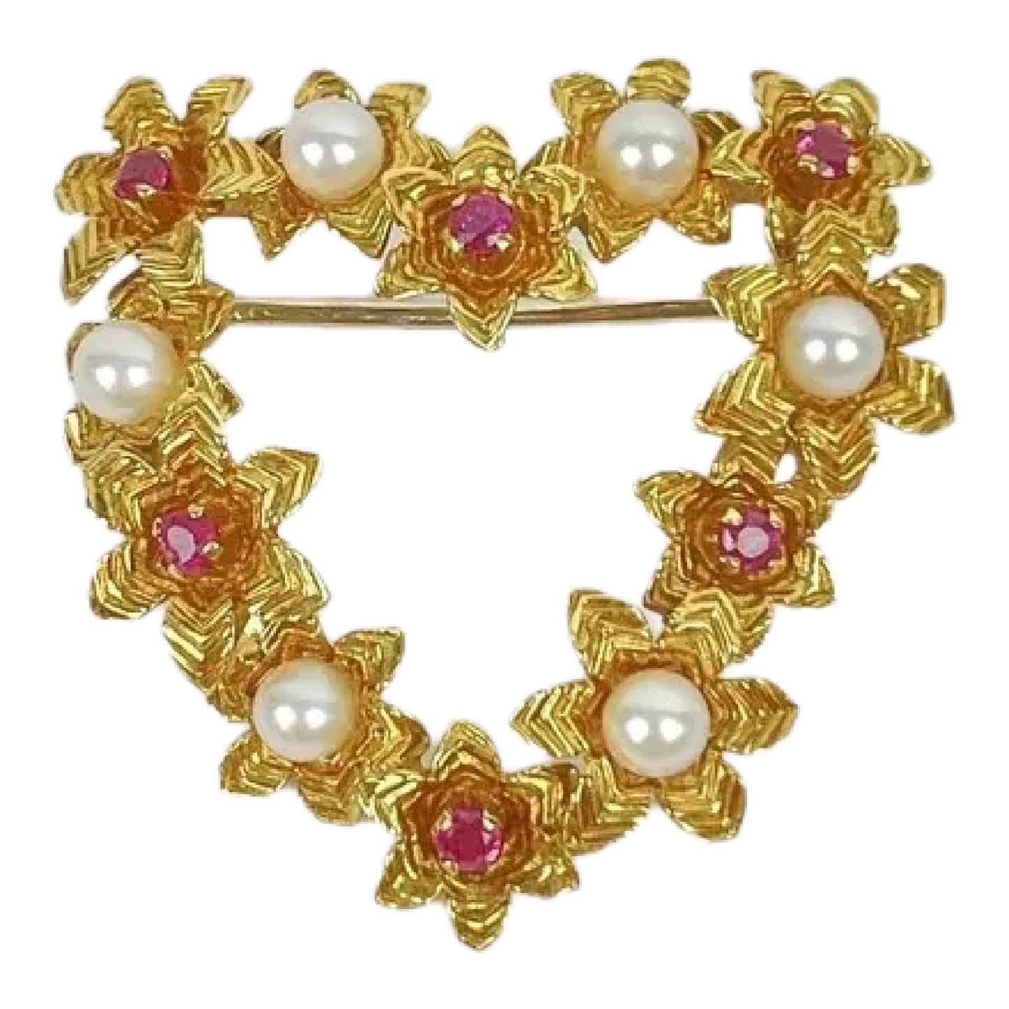 Vintage Tiffany & Co. 18k Gold Ruby Pearl Heart Brooch Pin