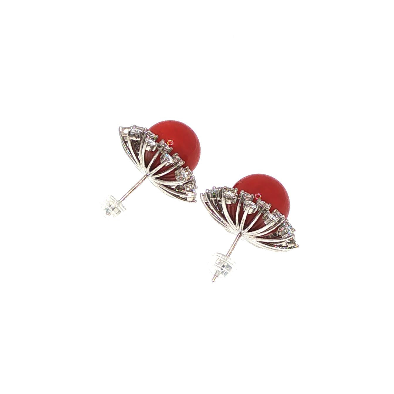 A PAIR OF PLATINUM RED CORAL & DIAMOND EARRINGS