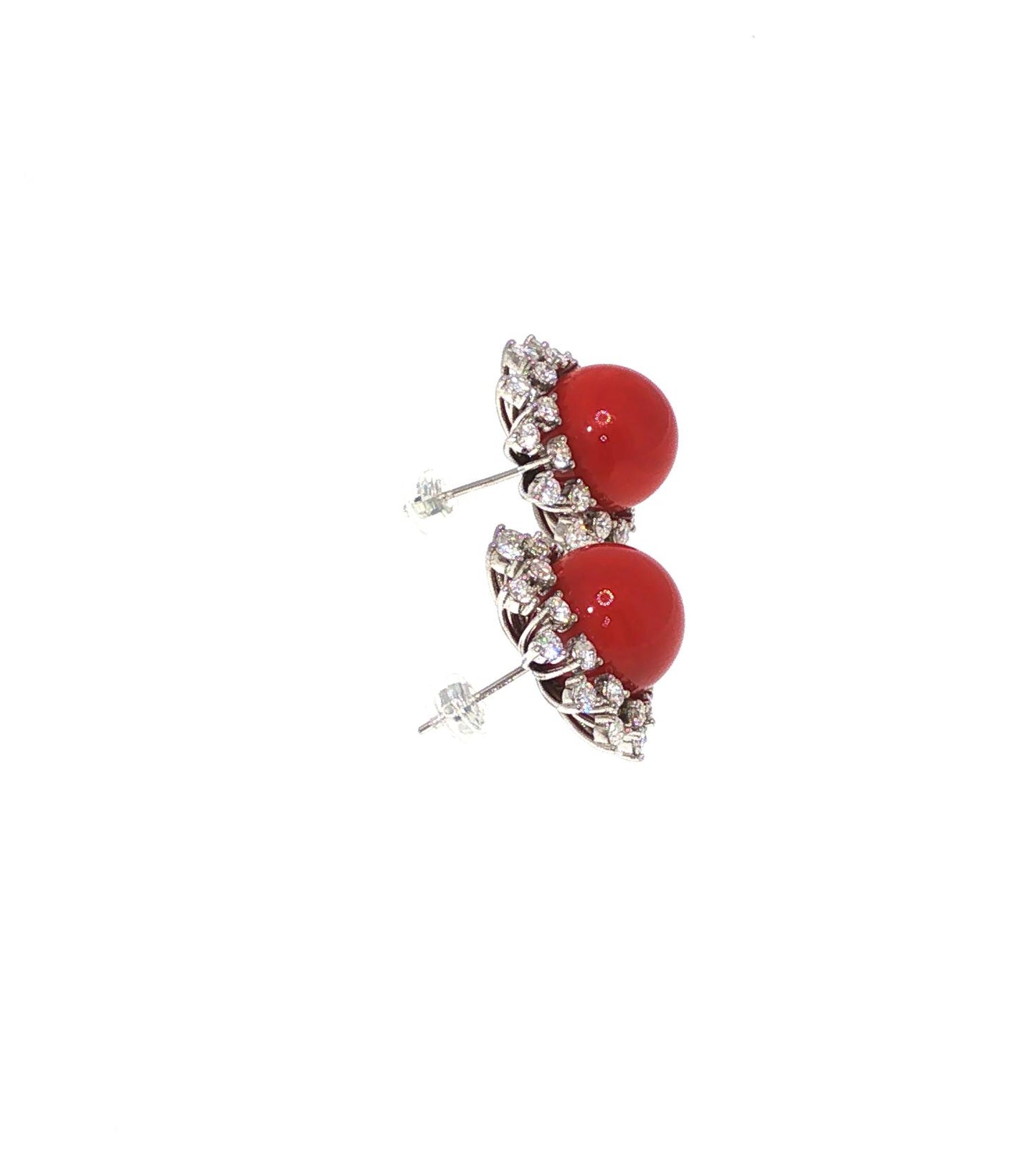 A PAIR OF PLATINUM RED CORAL & DIAMOND EARRINGS