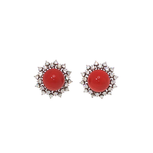 A PAIR OF PLATINUM RED CORAL & DIAMOND EARRINGS