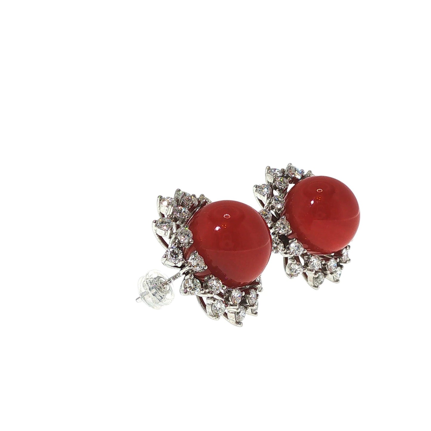 A PAIR OF PLATINUM RED CORAL & DIAMOND EARRINGS