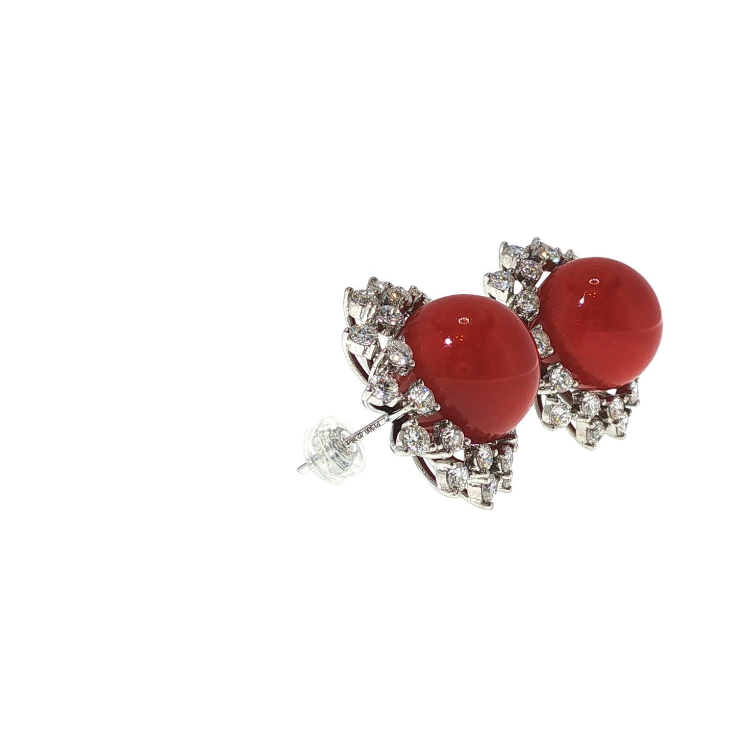 A PAIR OF PLATINUM RED CORAL & DIAMOND EARRINGS