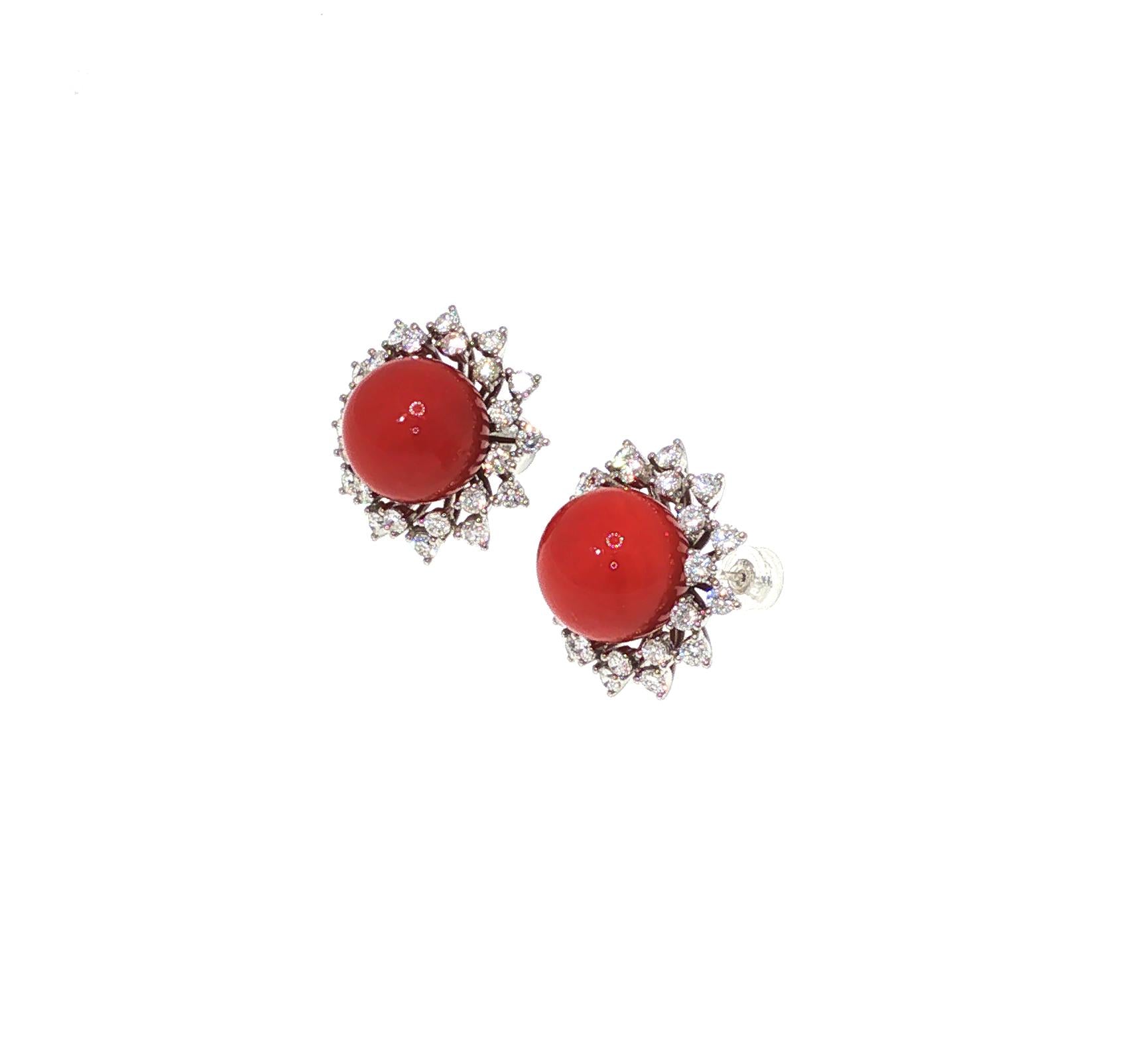 A PAIR OF PLATINUM RED CORAL & DIAMOND EARRINGS