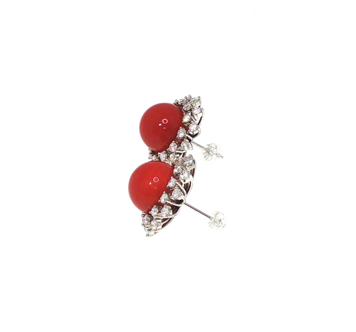 A PAIR OF PLATINUM RED CORAL & DIAMOND EARRINGS