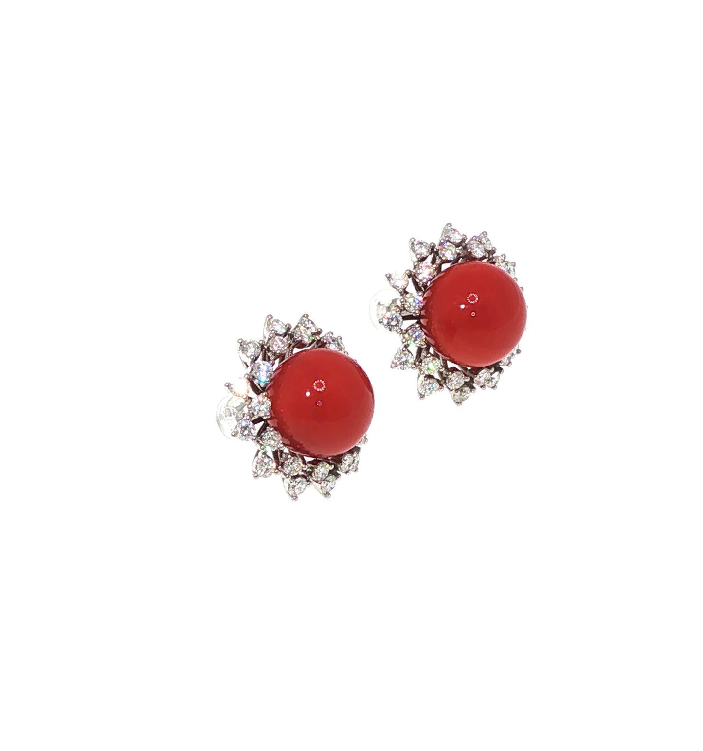 A PAIR OF PLATINUM RED CORAL & DIAMOND EARRINGS