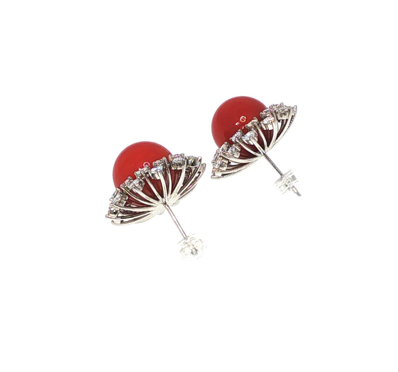 A PAIR OF PLATINUM RED CORAL & DIAMOND EARRINGS