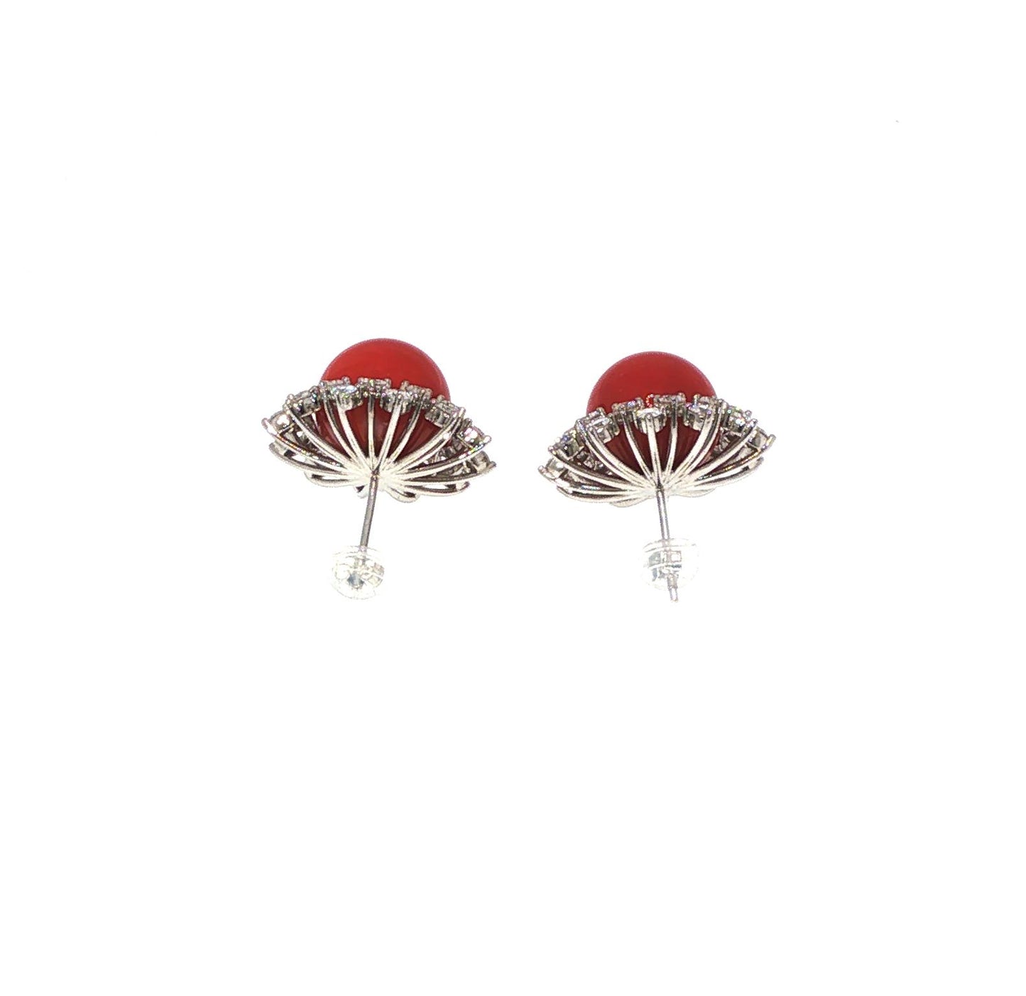 A PAIR OF PLATINUM RED CORAL & DIAMOND EARRINGS
