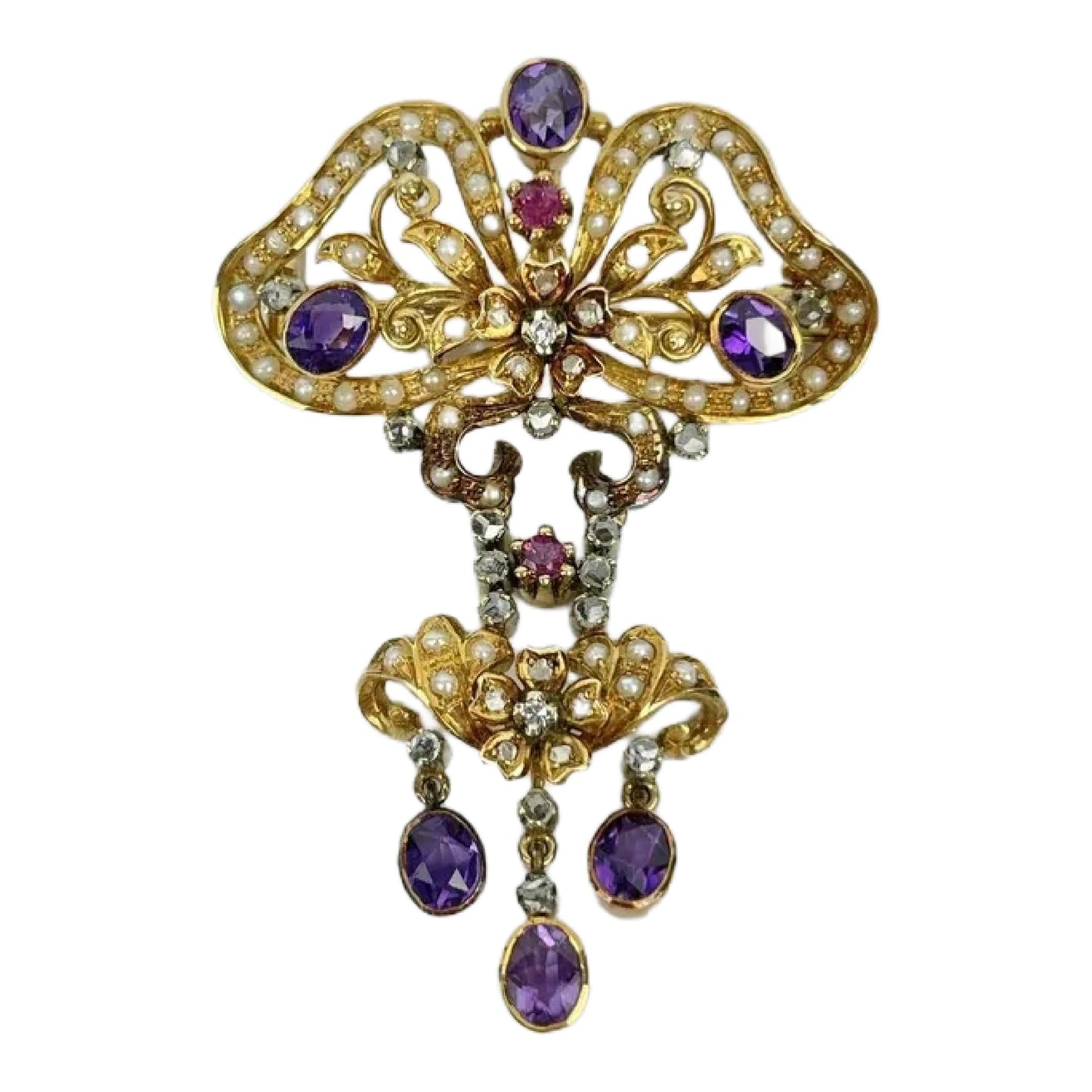 Victorian Pearl Amethyst Diamond Pendant Brooch