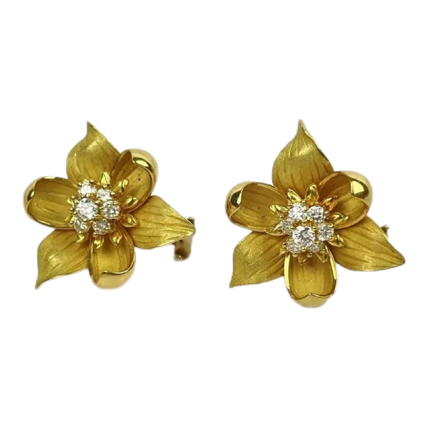 Pair of Tiffany & Co. Classic Collection 18k Gold Diamond Dogwood Flower Earrings