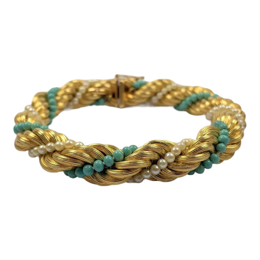 Stunning 18k Gold Turquoise & Pearl Bead Twist Bracelet