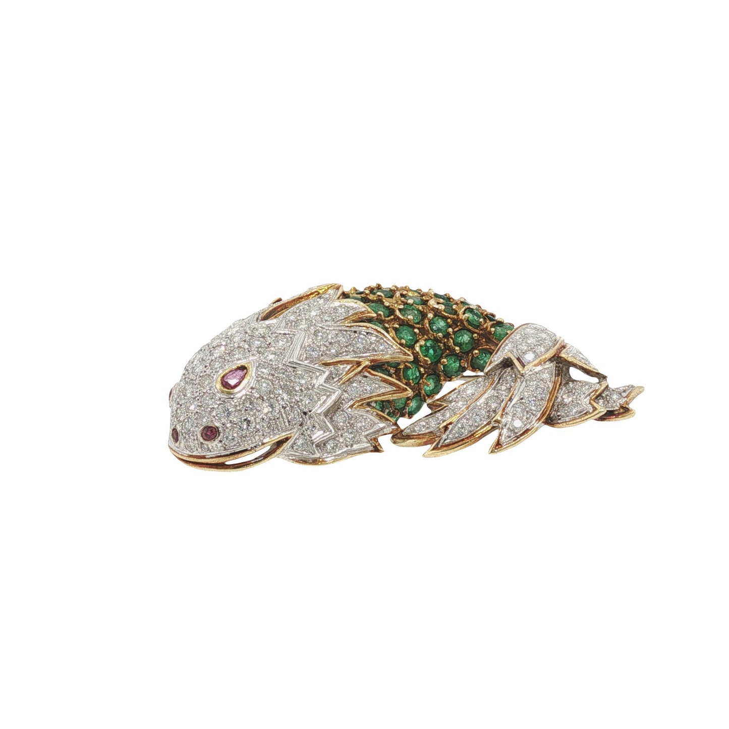 La Triomphe 18K Gold Diamond Emerald Ruby Fish Brooch Pin