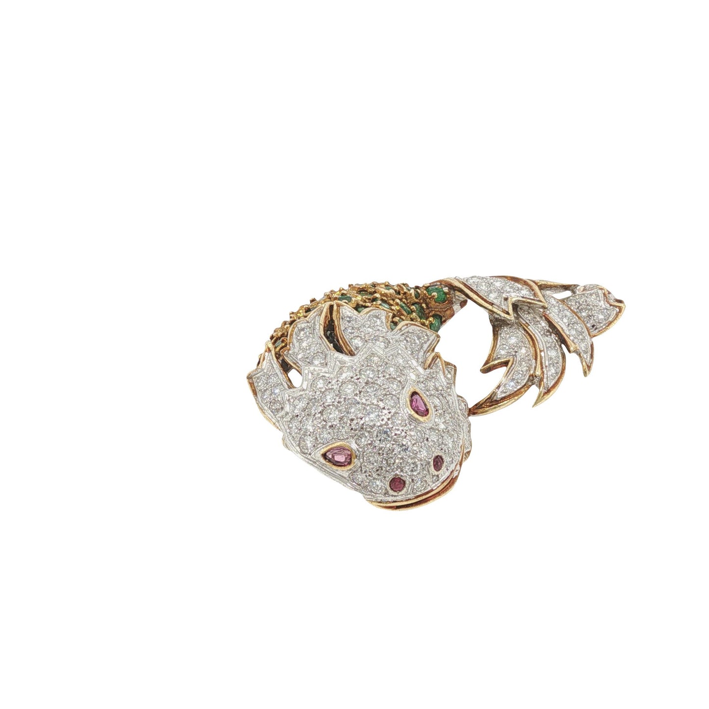 La Triomphe 18K Gold Diamond Emerald Ruby Fish Brooch Pin